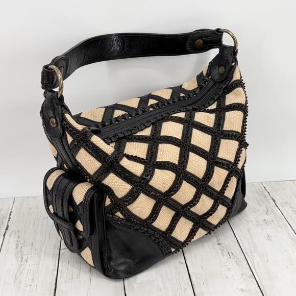 Vintage Isabella Fiore Women’s Black and Tan Leather Fabric Lattice Shoulder Bag - Picture 2 of 14